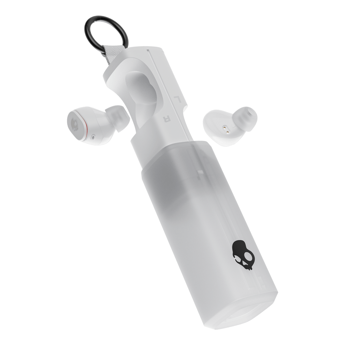Clear wireless earbuds with a charging case on a black background | Bone
