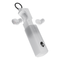 Clear wireless earbuds with a charging case on a black background | Bone