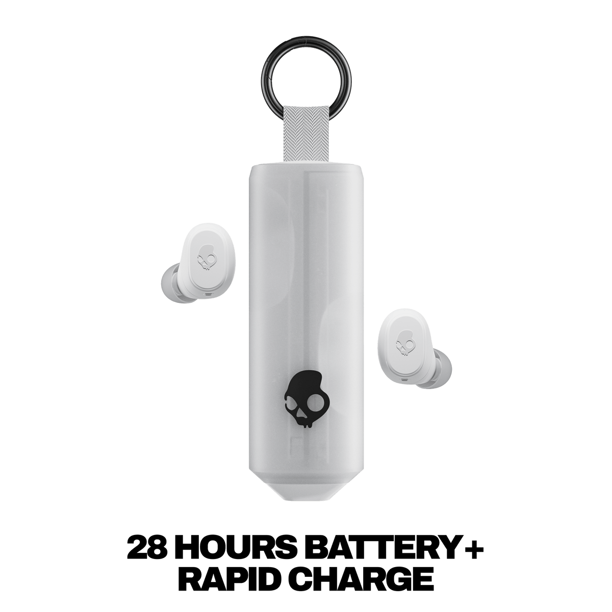 White wireless earbuds with a clear case on a black background | Bone