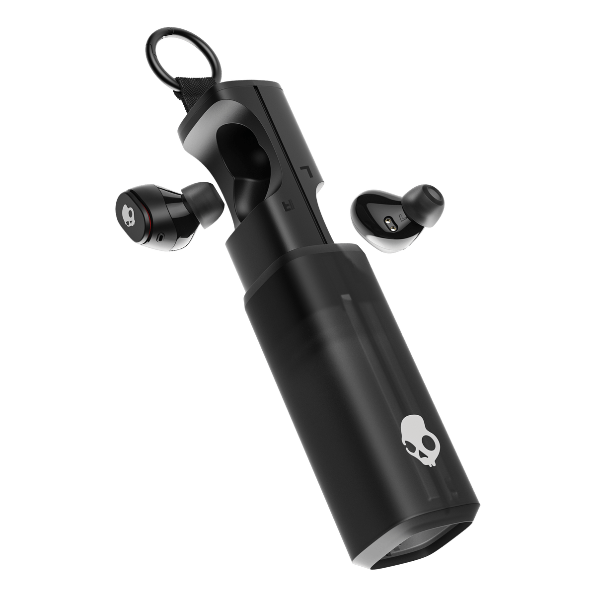 Black wireless earbuds with charging case on a transparent background | True Black