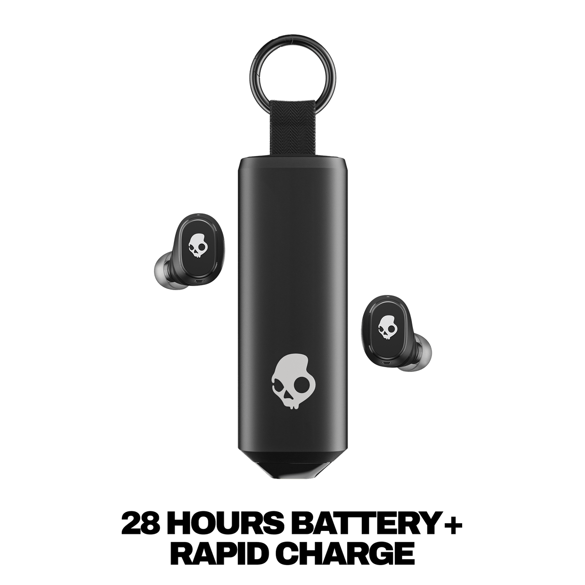 Black wireless earbuds with a skull logo and charging case on a black background | True Black