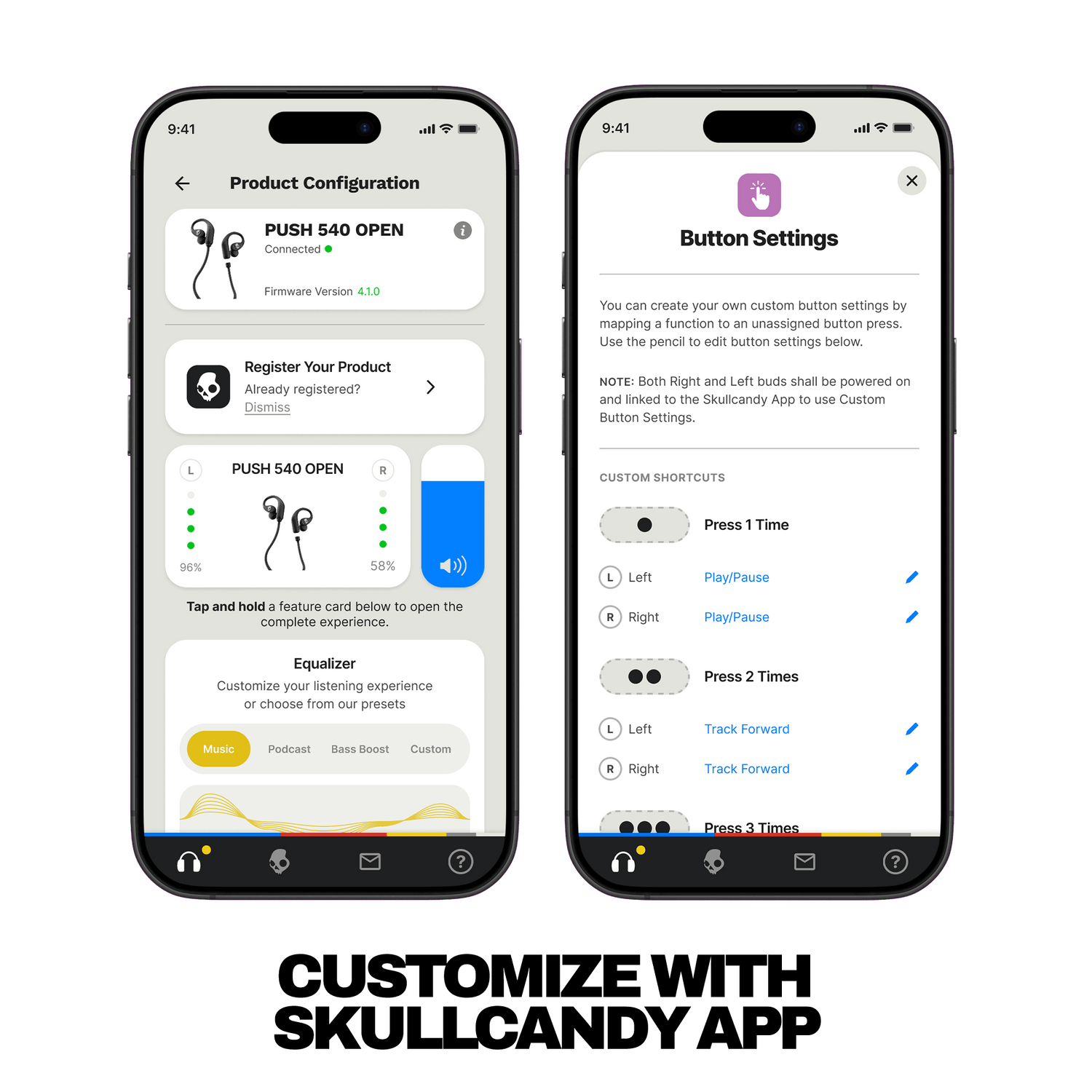Skullcandy Push 540 Open wireless open-ear headphones with Skullcandy App support for custom button settings and personalized EQ control | True Black