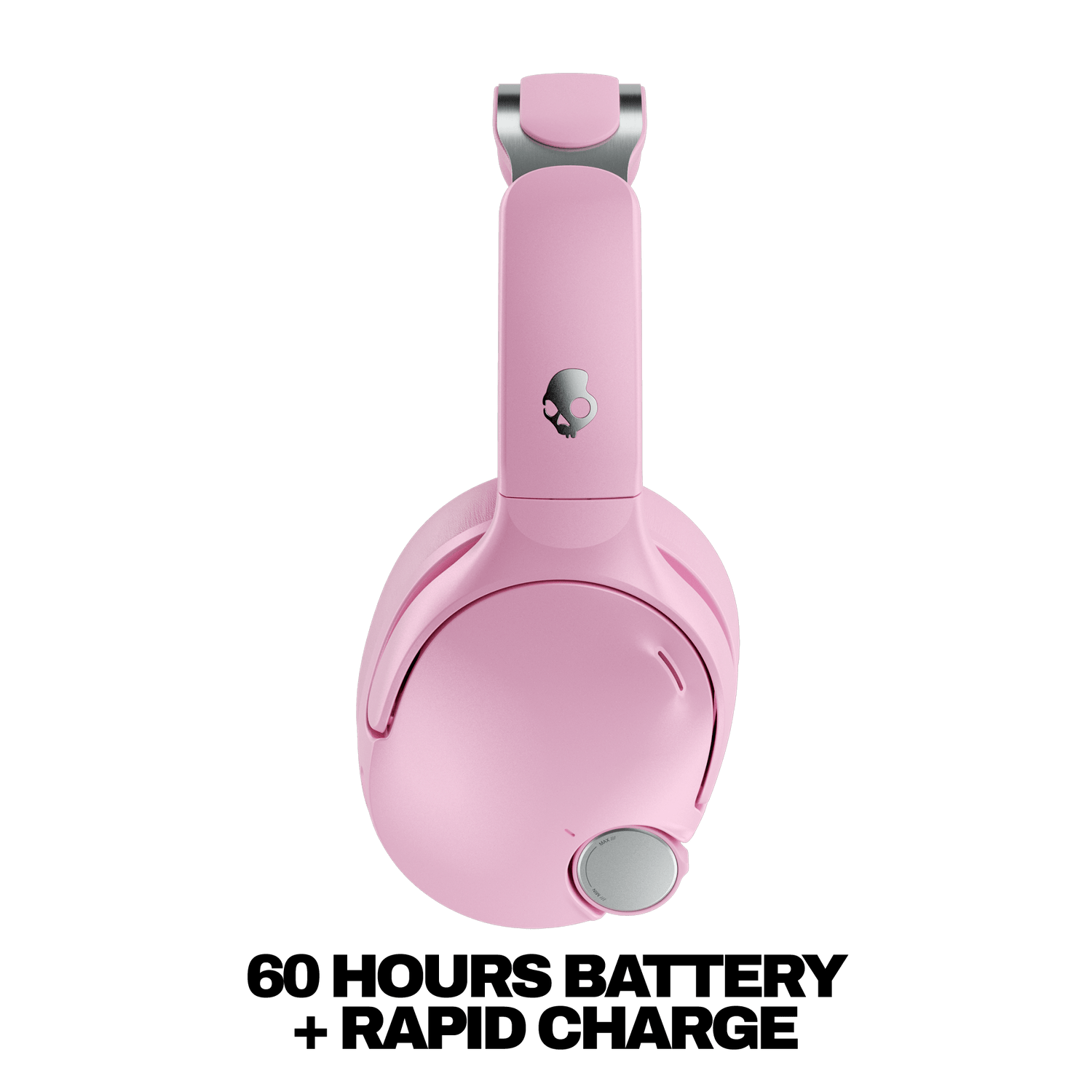 Pink headphones with a brand logo on a black background | Candy