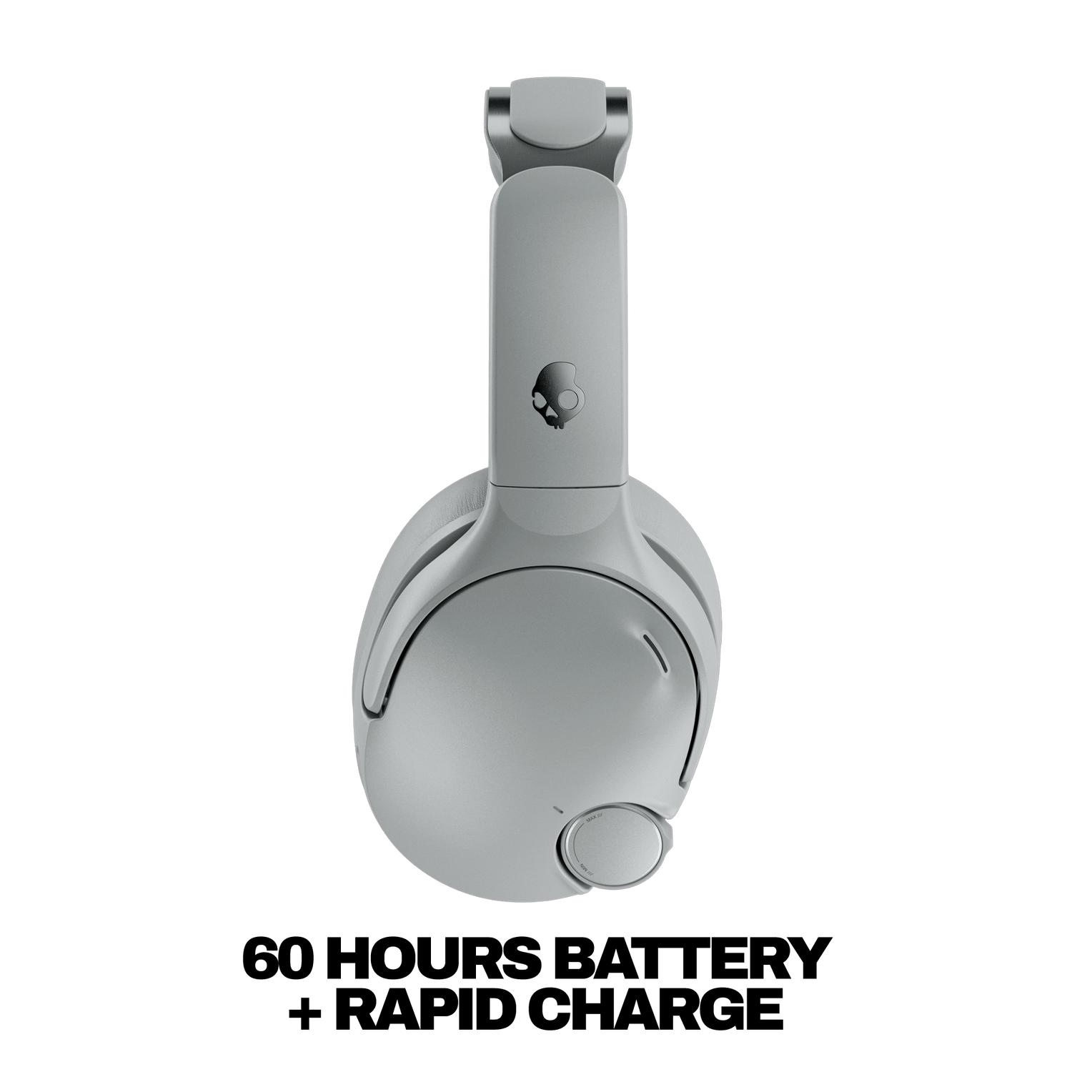 Gray Skullcandy headphones on a transparent background with text '60 Hours Battery + Rapid Charge'. | Cement