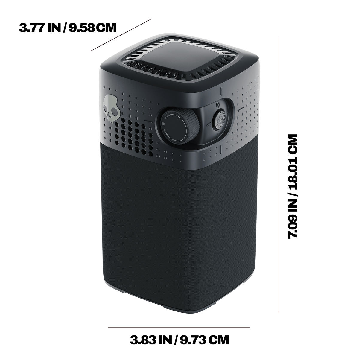 A black rectangular speaker shown on a white background with dimension labels indicating 3.77 inches height, 3. | True Black