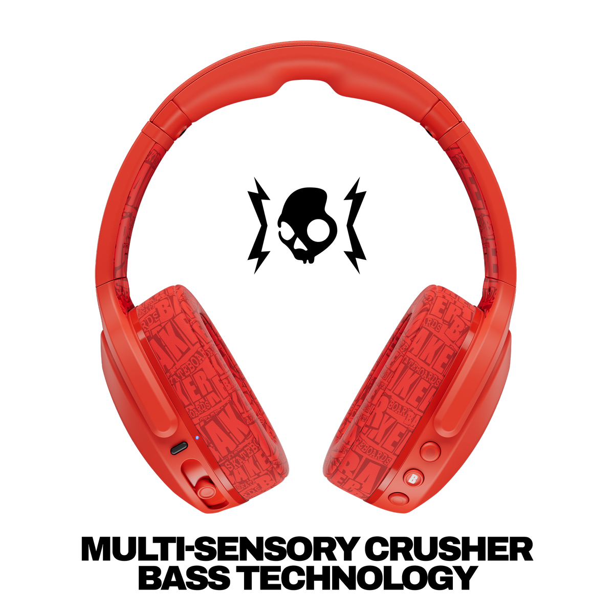 Red over-ear headphones on a white background with a black skull-and-lightning-bolt logo above and the text 'MULTI-SENSORY CRUSHER BASS TECHNOLOGY' below. | Skullcandy X Baker Skateboards