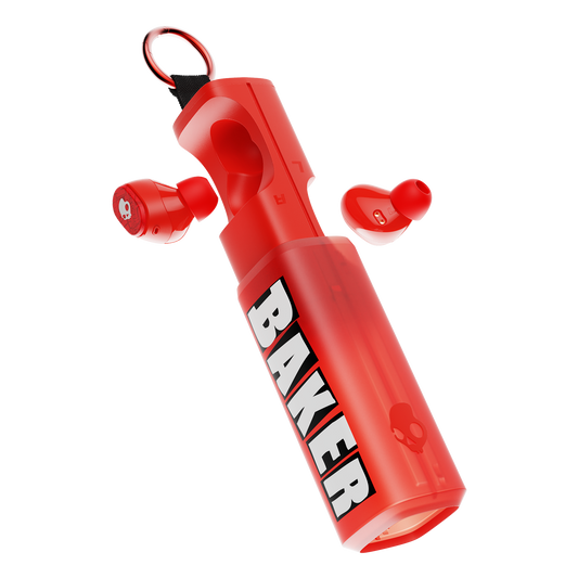 Red wireless Dime 360 earbuds in a matching translucent red charging case with a black keychain ring. The case features the brand name 'BAKER' printed vertically in bold white letters with a black outline. | Skullcandy X Baker Skateboards