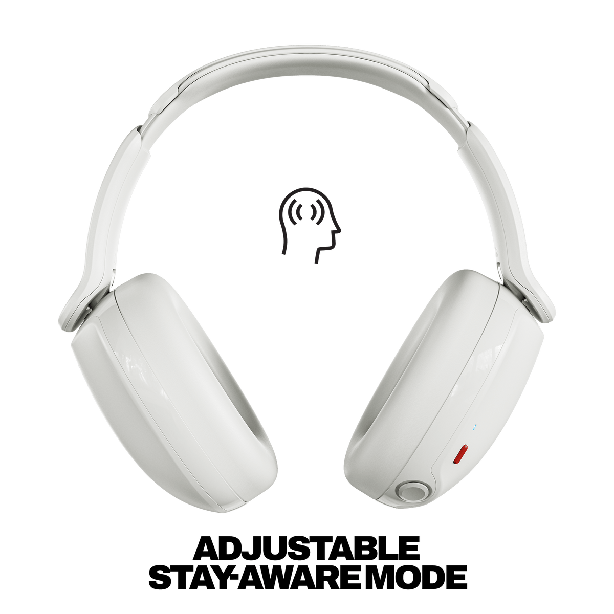 White hesh 360 over-ear headphones on a light gray background with a small black icon of a head with sound waves above the earcups and bold black text below reading 'ADJUSTABLE STAY-AWARE MODE'. | Bone