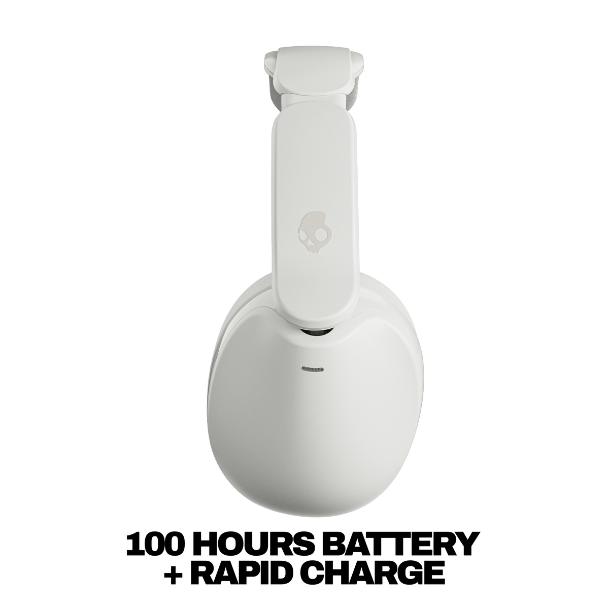 A white hesh 360 over-ear wireless gaming headset on a solid white background, featuring a skull logo on the headband and text at the bottom reading '100 HOURS BATTERY + RAPID CHARGE'. | Bone