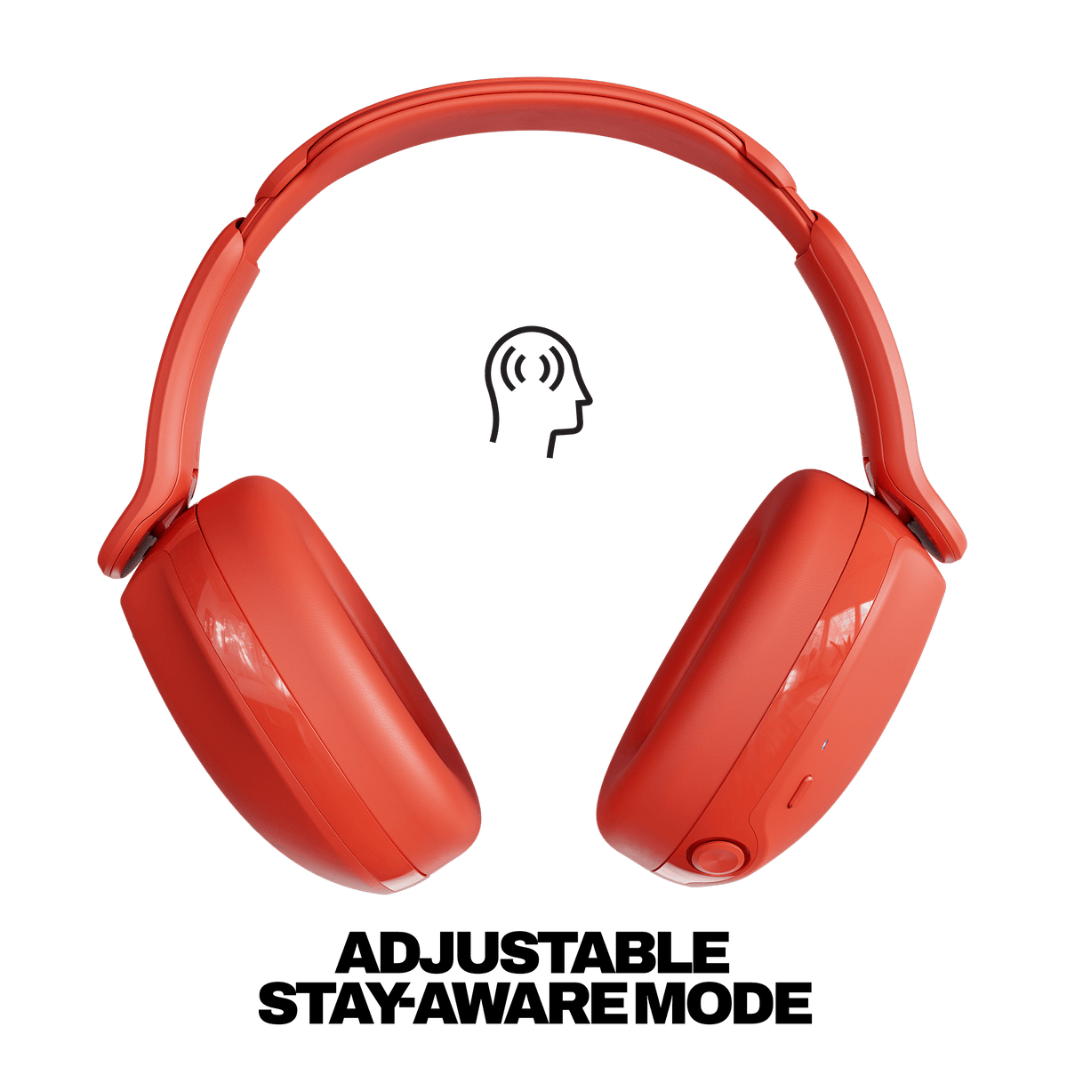 Red over-ear wireless hesh 360 headphones on a white background with a small head icon and the text 'ADJUSTABLE STAY-AWARE MODE' below. | Plasma