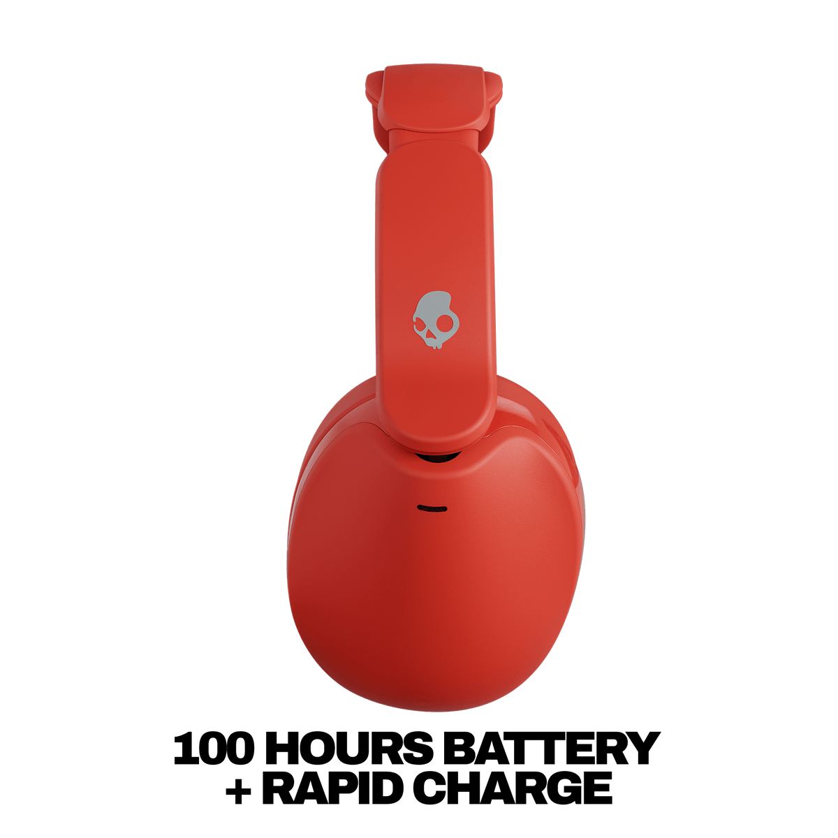 hesh 360 over-ear wireless headphones shown from the back on a plain white background, with a small skull logo centered on the headband. Black text below reads '100 HOURS BATTERY + RAPID CHARGE'. | Plasma