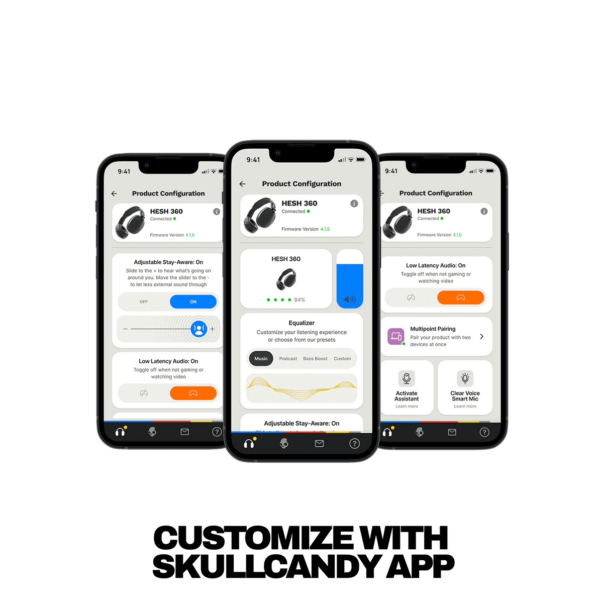 Three smartphone mockups display the Skullcandy app's product configuration screen, with customizable settings for HESH 360 headphones and other audio features. Below the phones, the text reads 'CUSTOMIZE WITH SKULLCANDY APP' on a white background. | Plasma