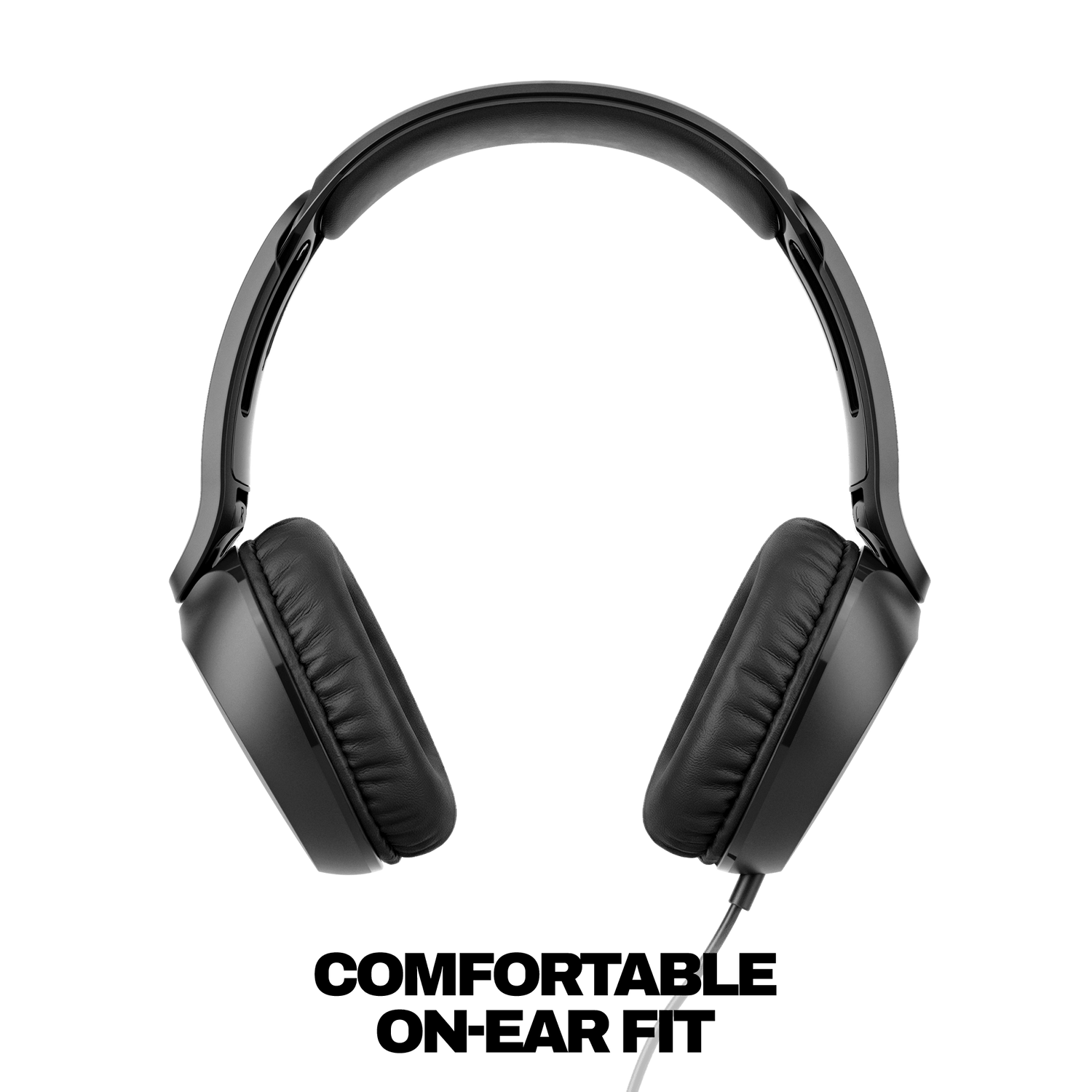 Black over-ear wired headphones shown from the front against a solid black background. | True Black