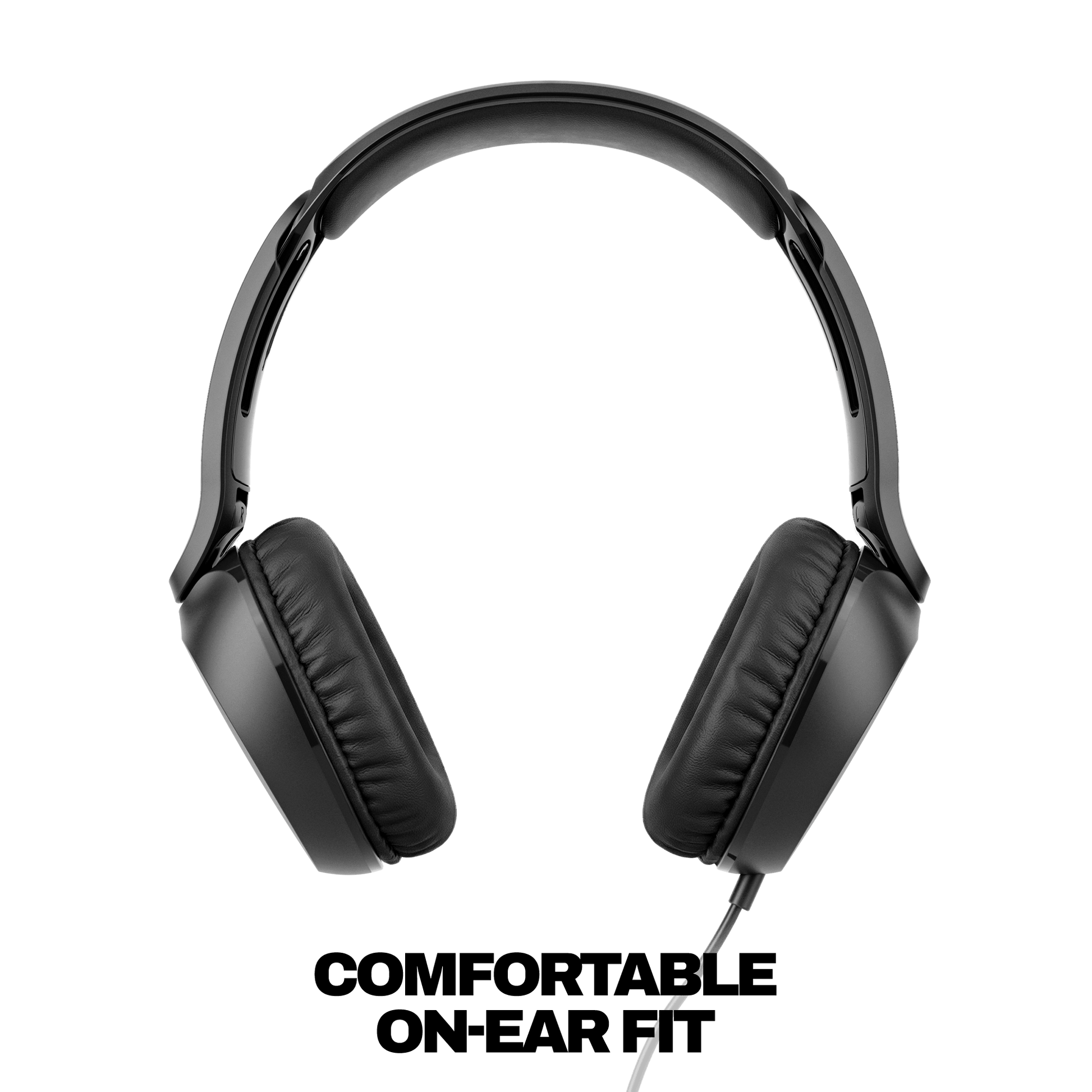 Black over-ear wired headphones shown from the front against a solid black background. | True Black