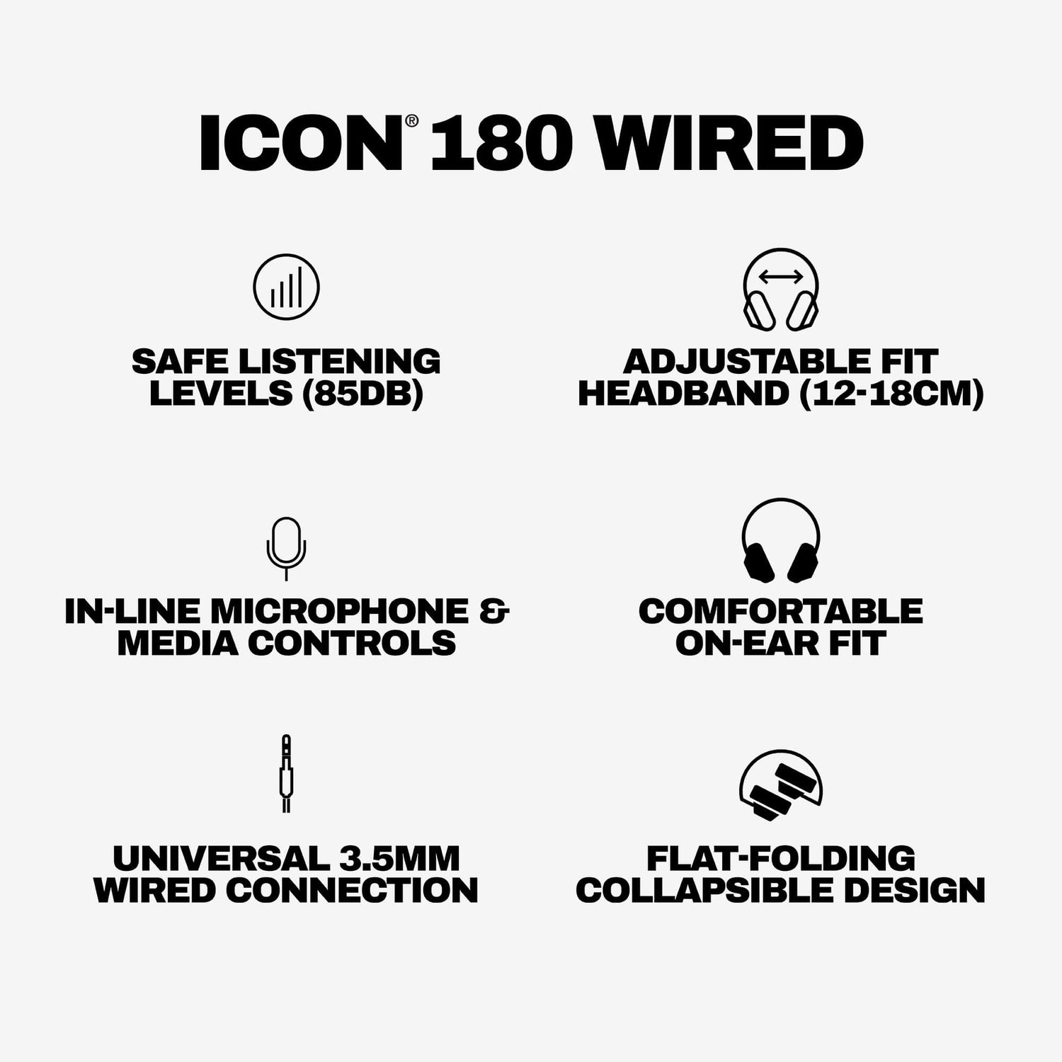 Feature list graphic for the ICON 180 WIRED over-ear headphones on a light gray background, showing icons and text for safe listening levels, adjustable fit, in-line microphone and media controls, comfortable on-ear fit, universal 3.5mm wired connection, and flat-folding collapsible design. | Cement