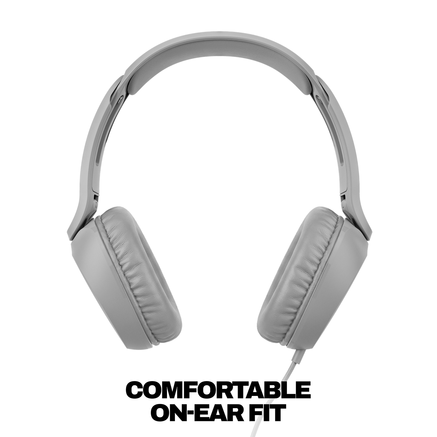 Light gray over-ear wired headphones shown from the front against a solid black background. | Cement