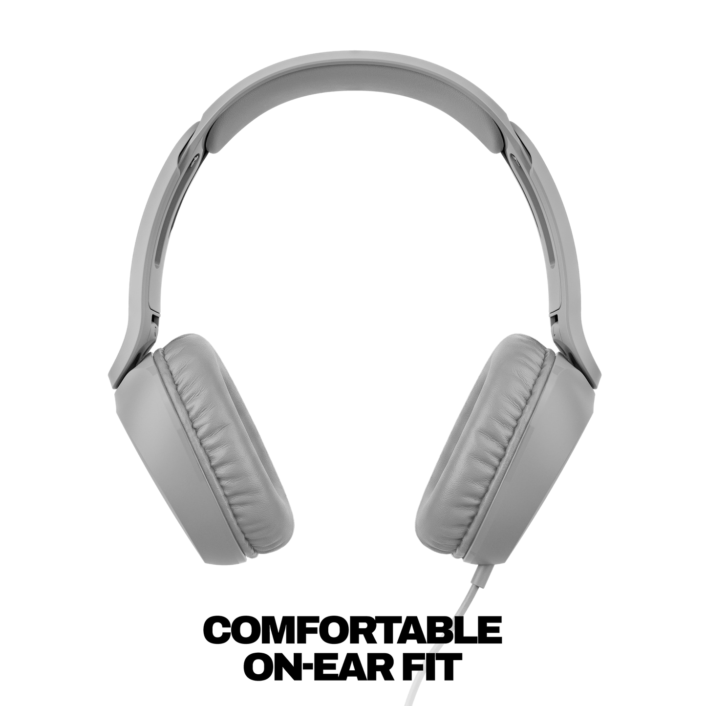 Light gray over-ear wired headphones shown from the front against a solid black background. | Cement