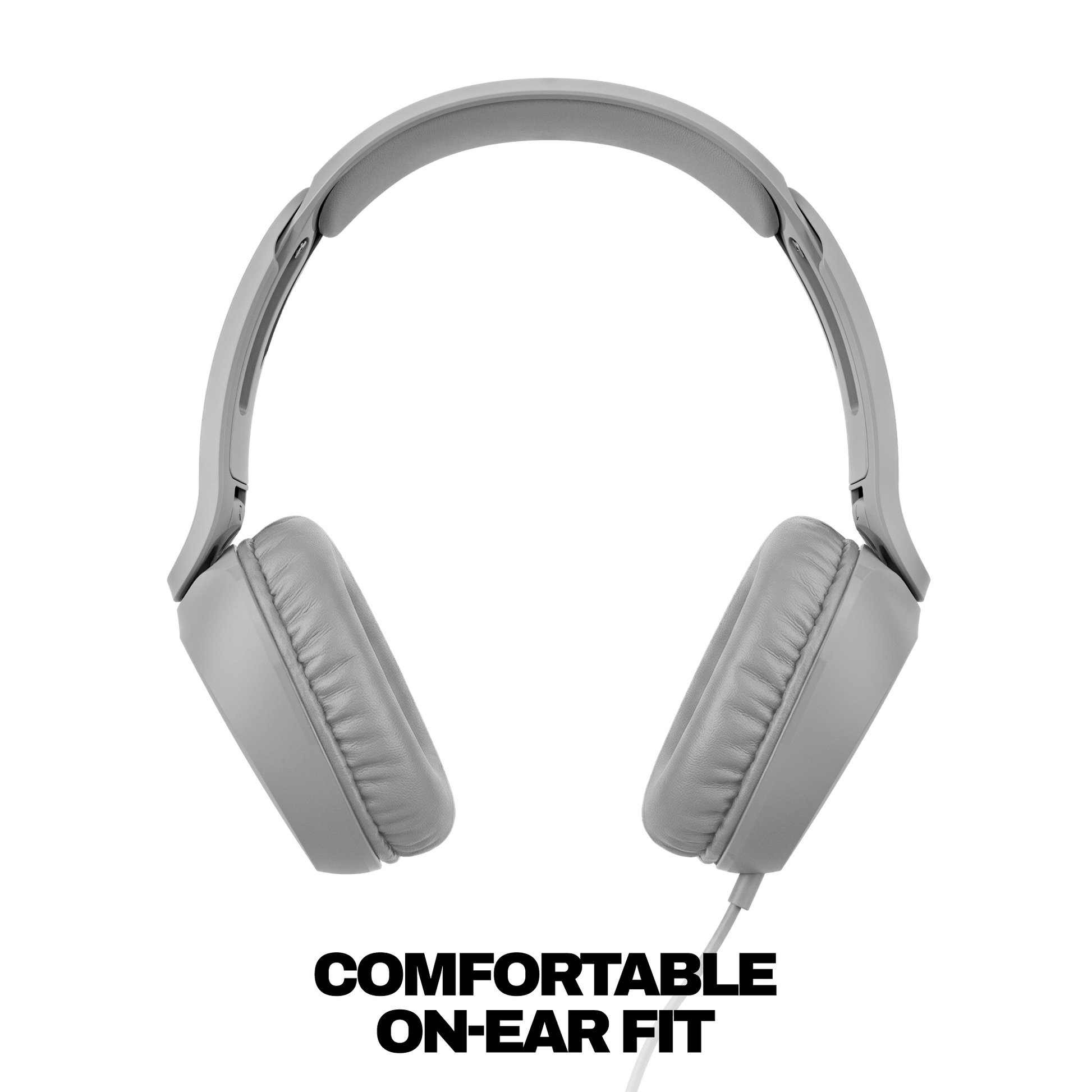 Light gray over-ear wired headphones shown from the front against a solid black background. | Cement