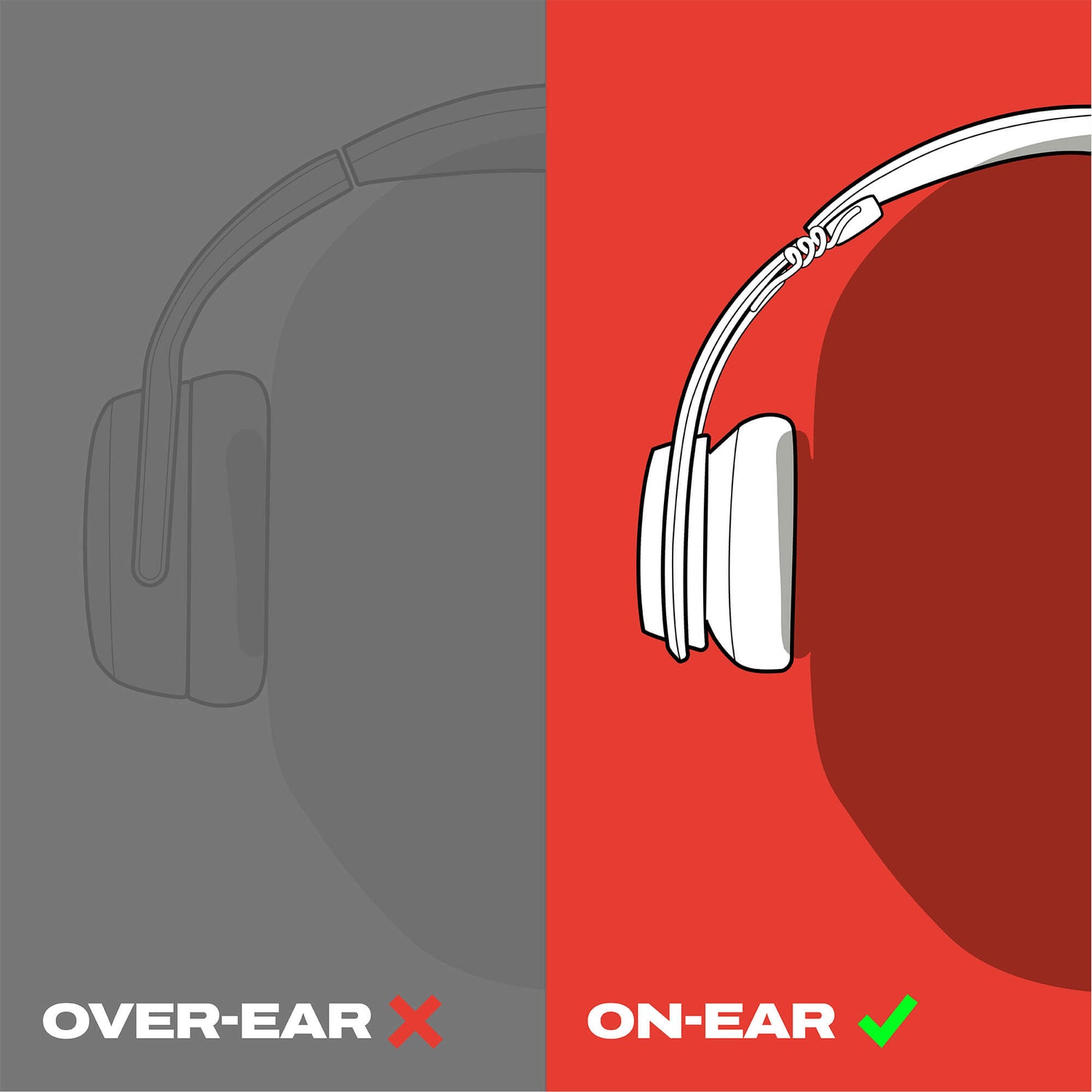 A split graphic showing over-ear headphones on the left in faded gray with the text 'OVER-EAR X' and on the right in white on a red background with the text 'ON-EAR ✓', suggesting the on-ear style is preferred. | Crazy Pink