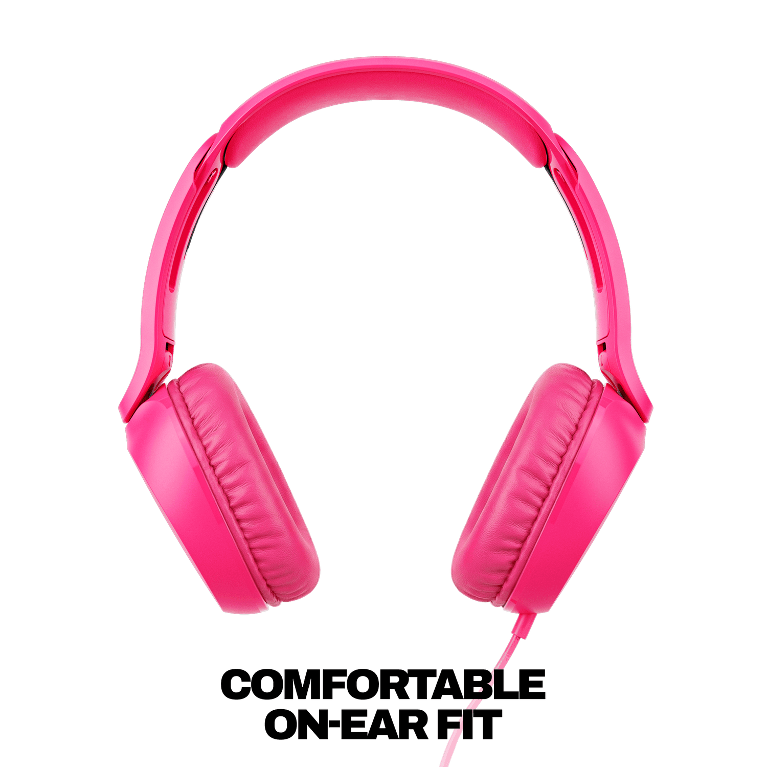 Bright pink over-ear wired headphones shown from the front against a solid black background. | Crazy Pink
