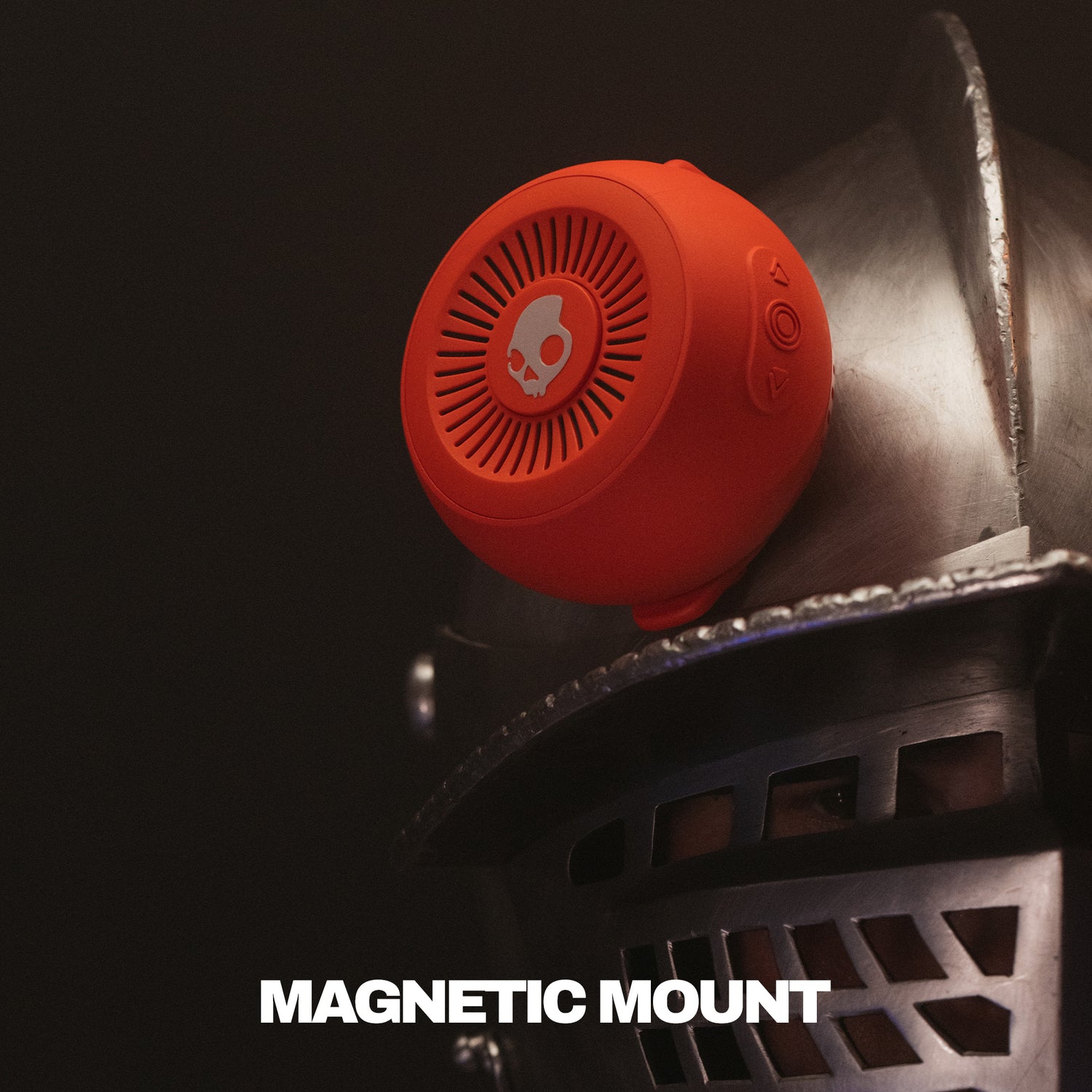 Red magnetic speaker mounted on a metal surface with 'Magnetic Mount' text below. | Plasma