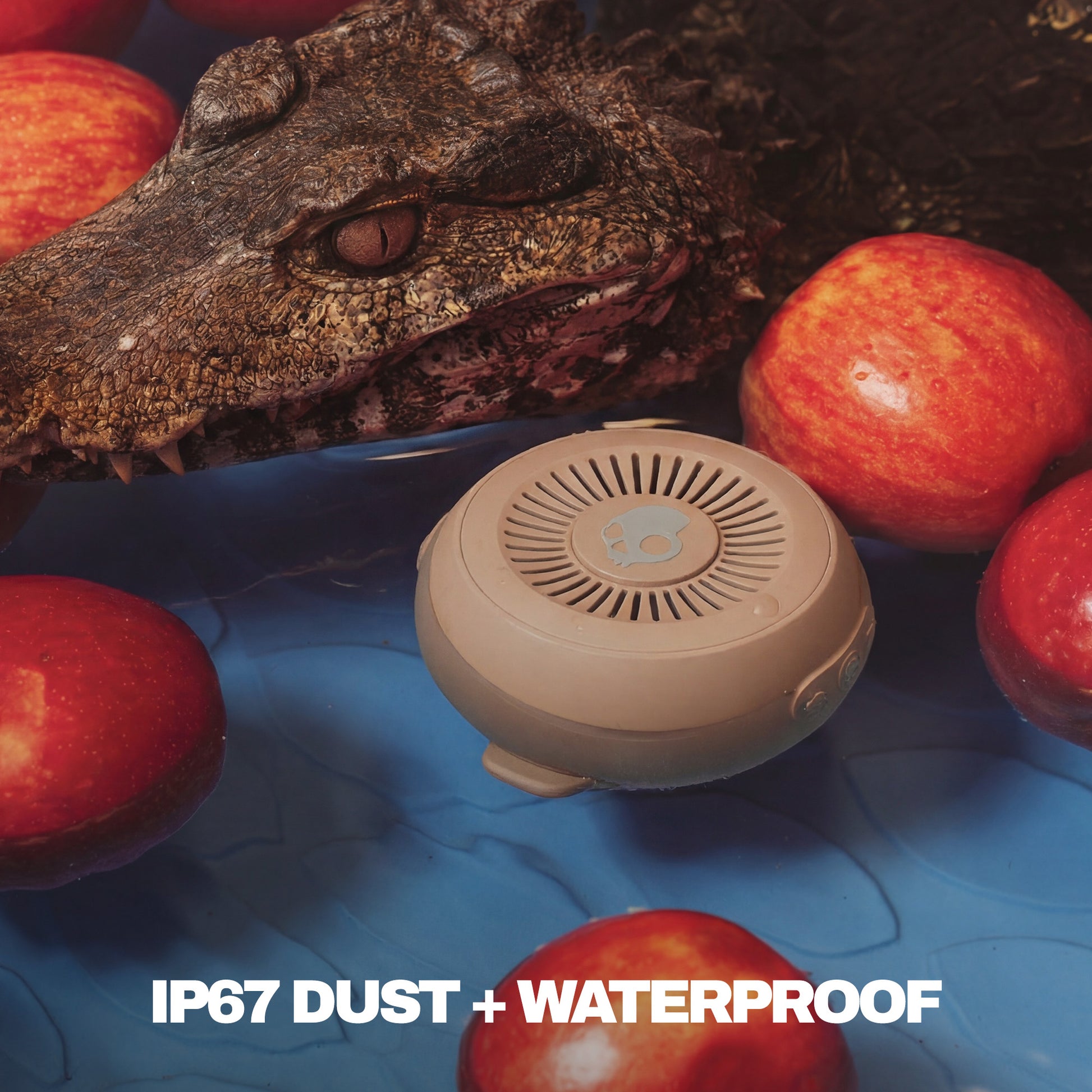 Small round device with crocodile and apples on a blue background, featuring 'IP67 Dust + Waterproof' text. | Primer