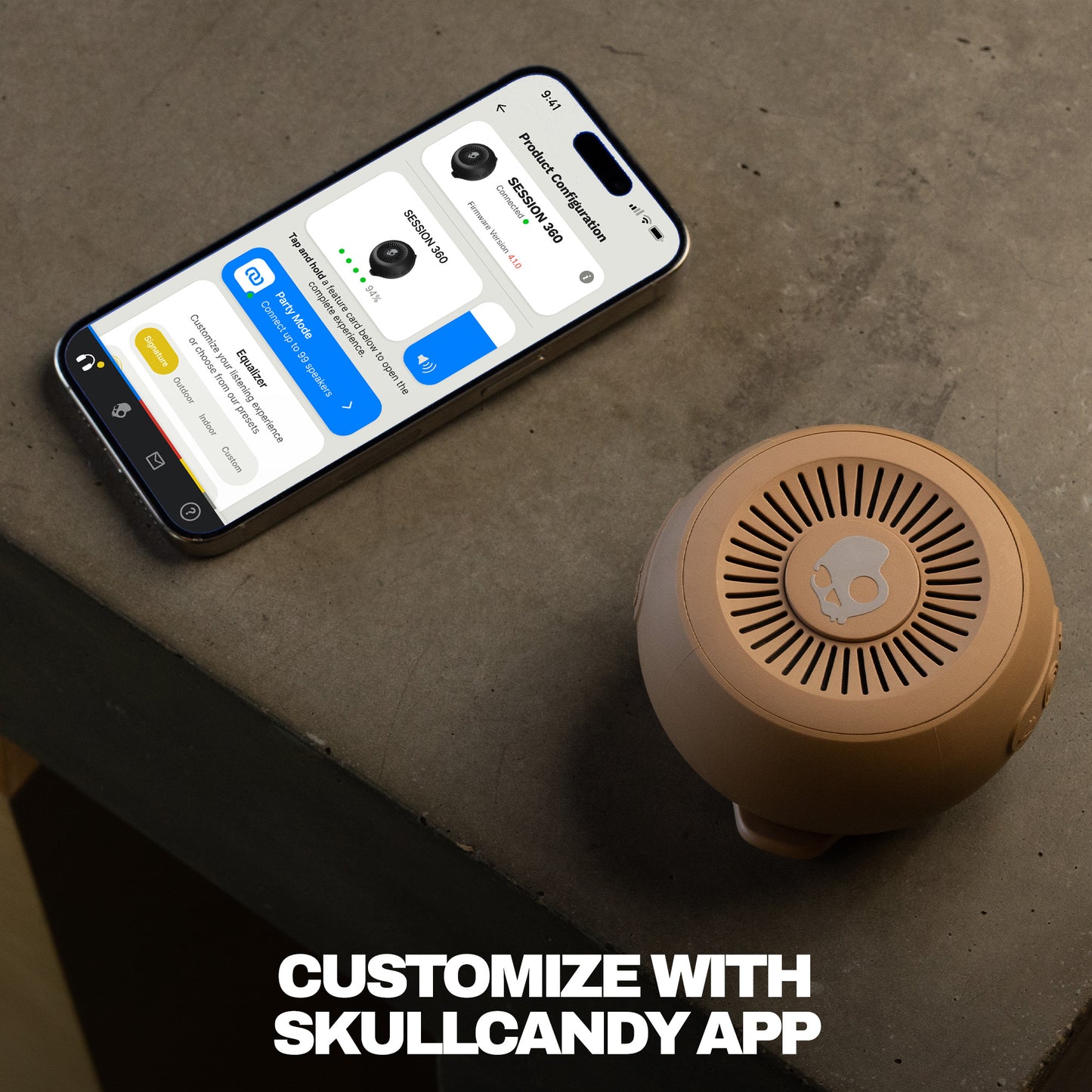 Smartphone displaying an app interface next to a brown Bluetooth speaker on a concrete surface. | Primer
