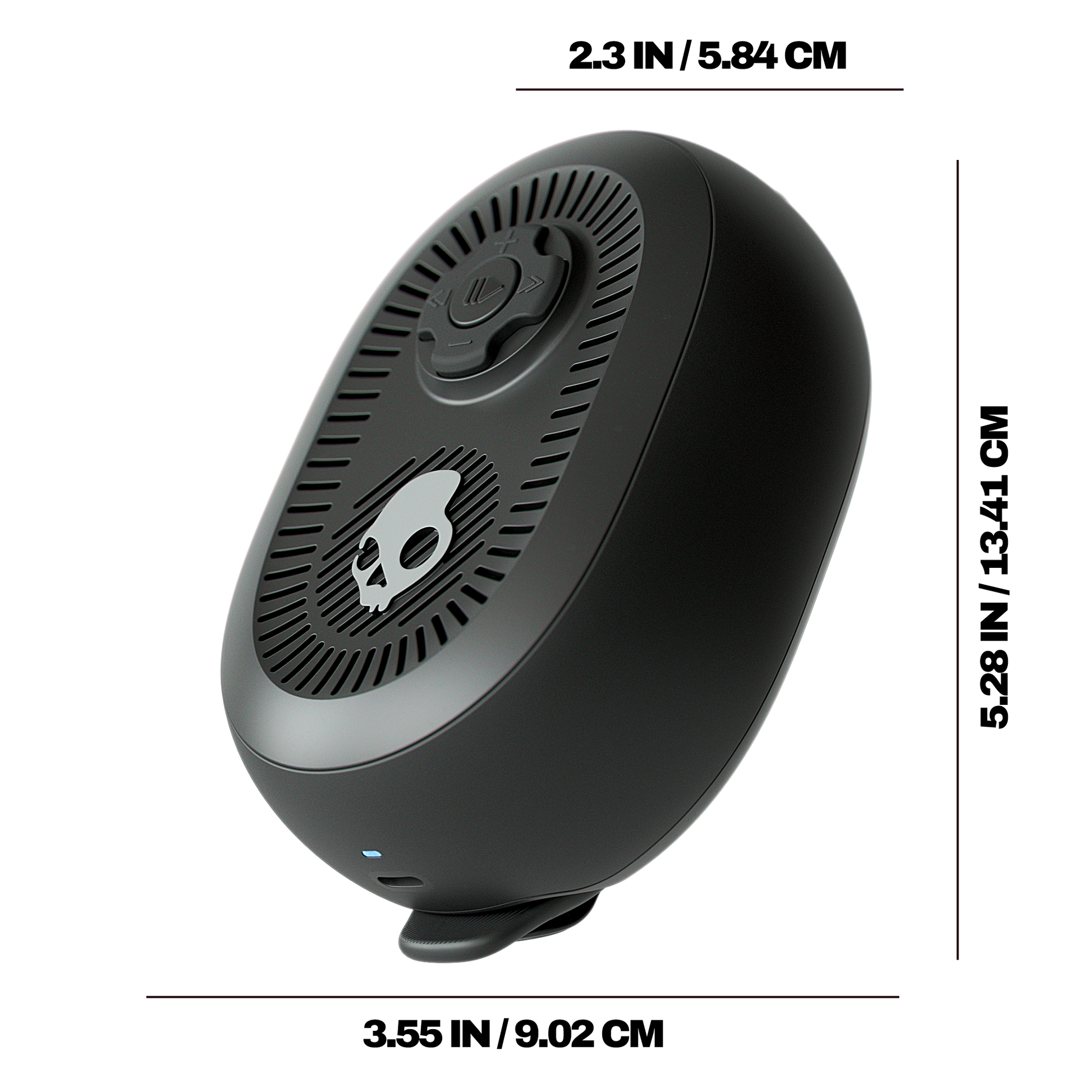 Black portable speaker with dimensions displayed on a white background | Cement