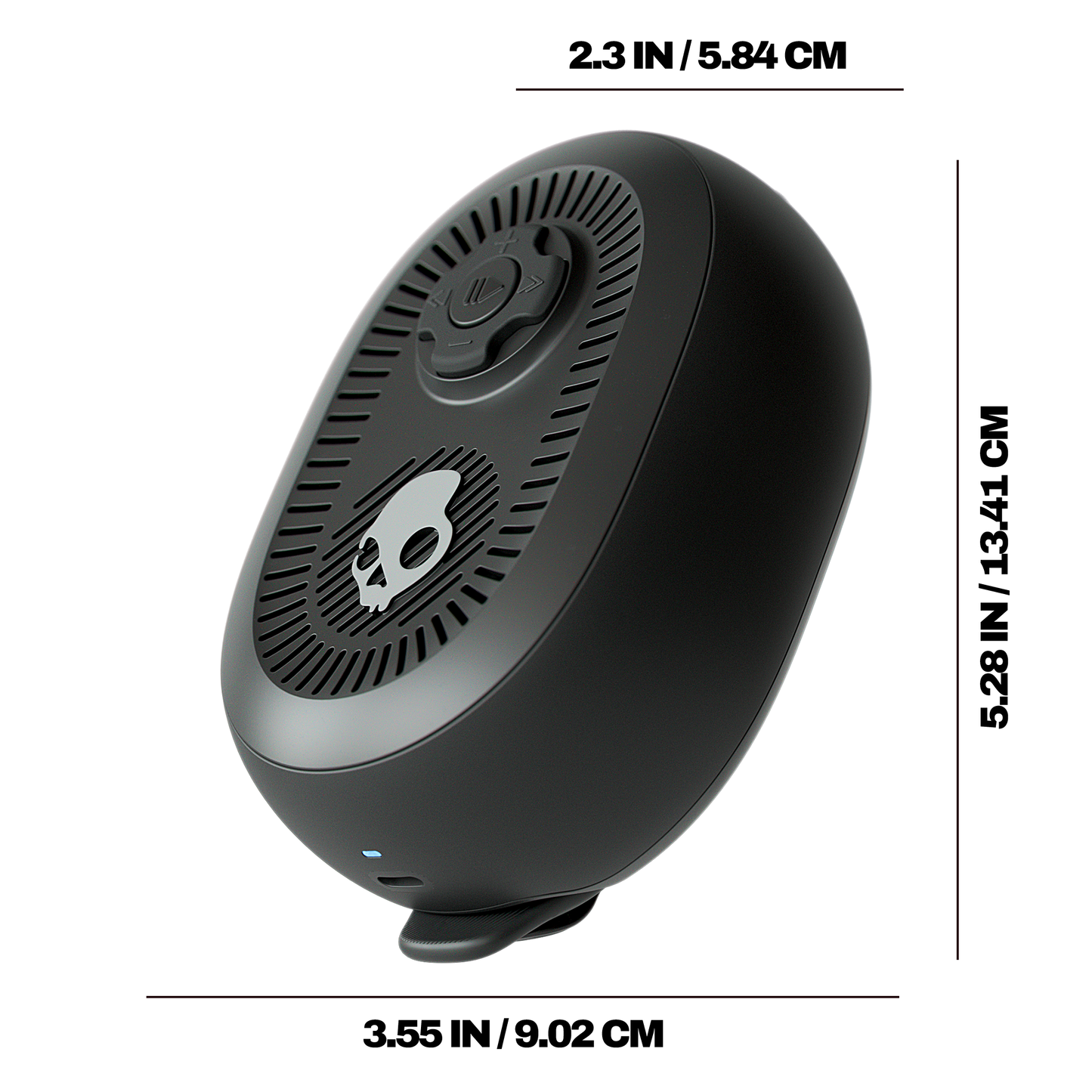 Black portable speaker with dimensions displayed on a white background | Plasma