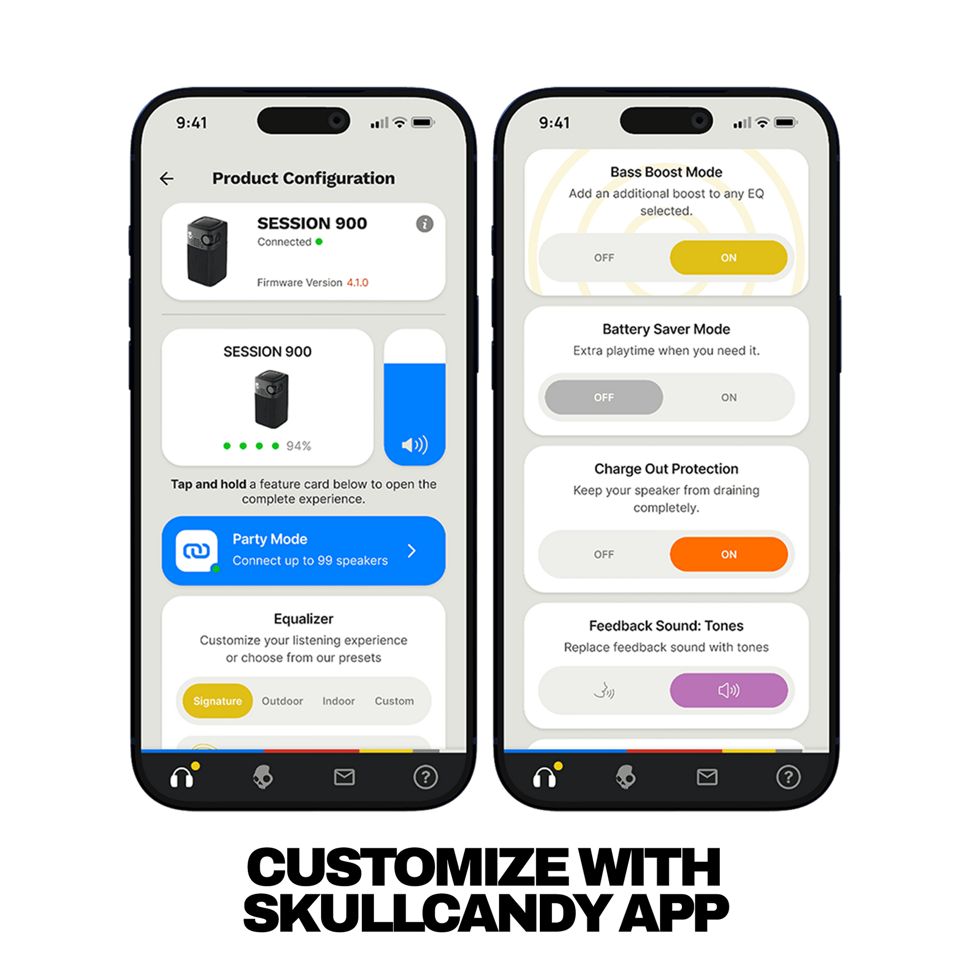 Two smartphone app screens shown side by side on a white background, displaying product configuration options for a speaker setup. Large text below reads 'CUSTOMIZE WITH SKULLCANDY APP'. | Cement