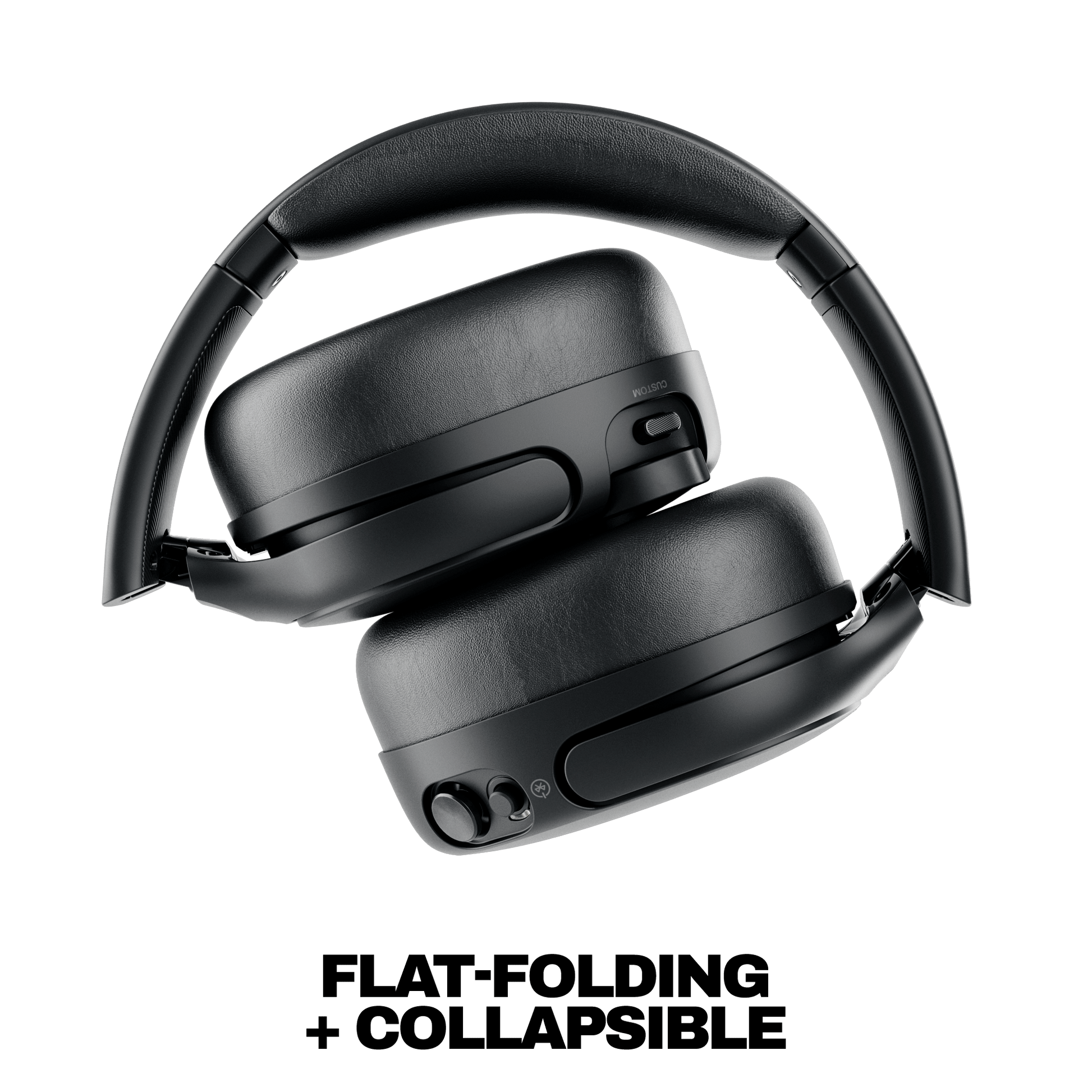 Black over-ear headphones shown on a white background with the text 'FLAT-FOLDING + COLLAPSIBLE' below. | True Black