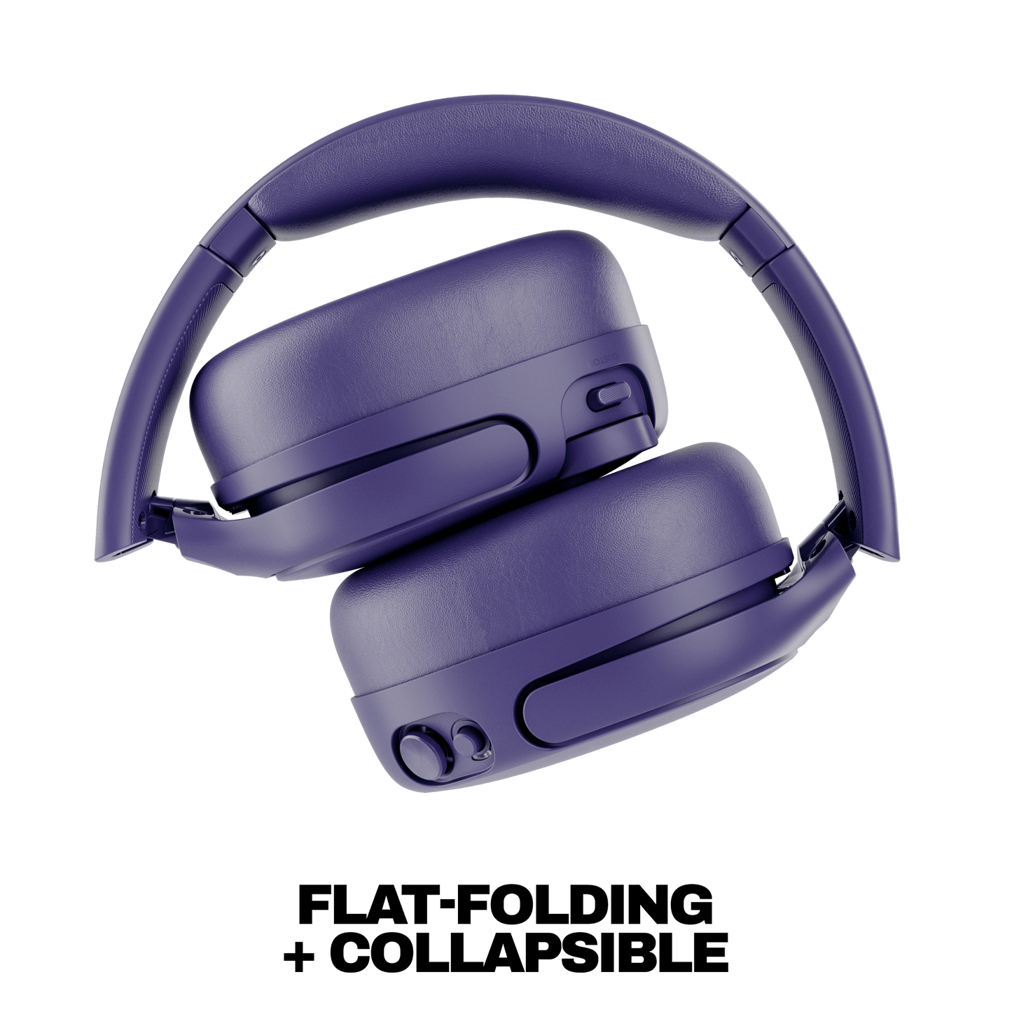 A pair of over-ear headphones in a matte dark purple color, shown from an angled top-down view on a white background with the text 'FLAT-FOLDING + COLLAPSIBLE' below. | Future