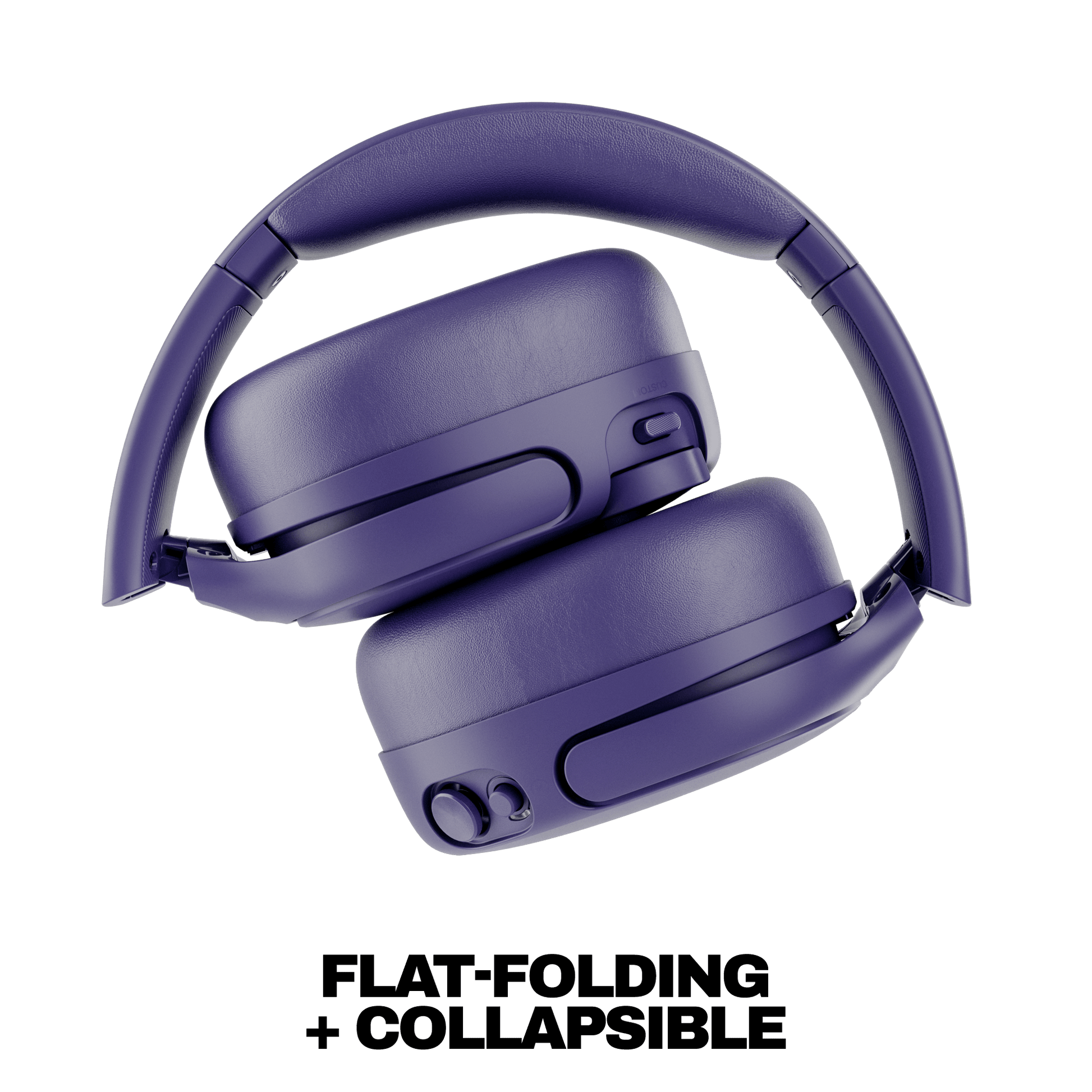A pair of over-ear headphones in a matte dark purple color, shown from an angled top-down view on a white background with the text 'FLAT-FOLDING + COLLAPSIBLE' below. | Future