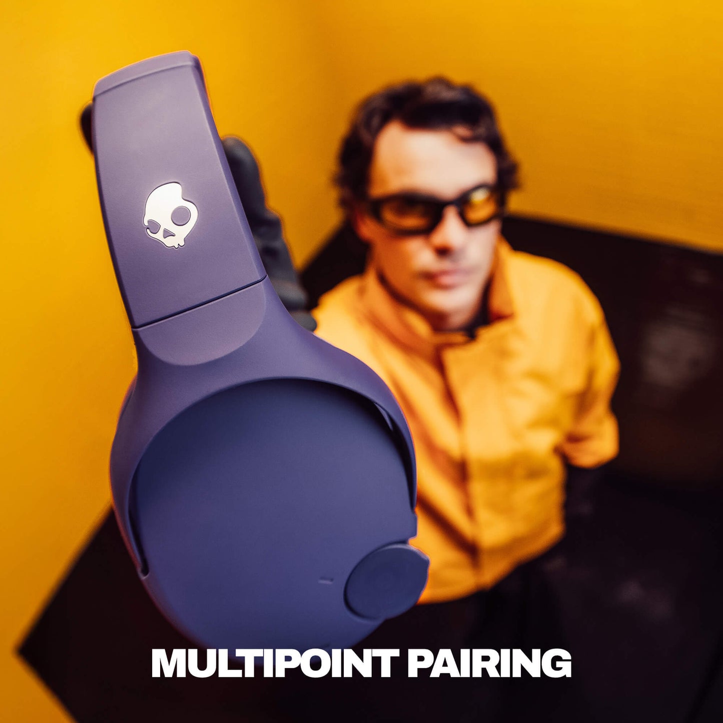 Purple Crusher 720 Headphones with skull logo on a yellow background, featuring text 'MULTIPOINT PAIRING'. | Future