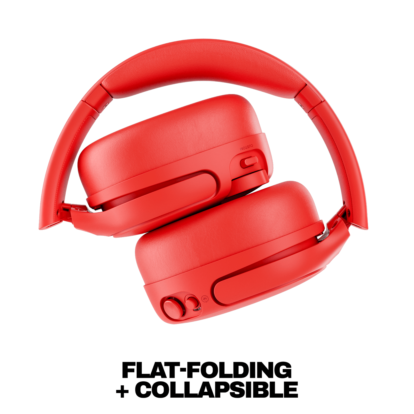 Red Crusher 720 over-ear wireless headphones shown on a white background with the text 'FLAT-FOLDING + COLLAPSIBLE' below. | Plasma