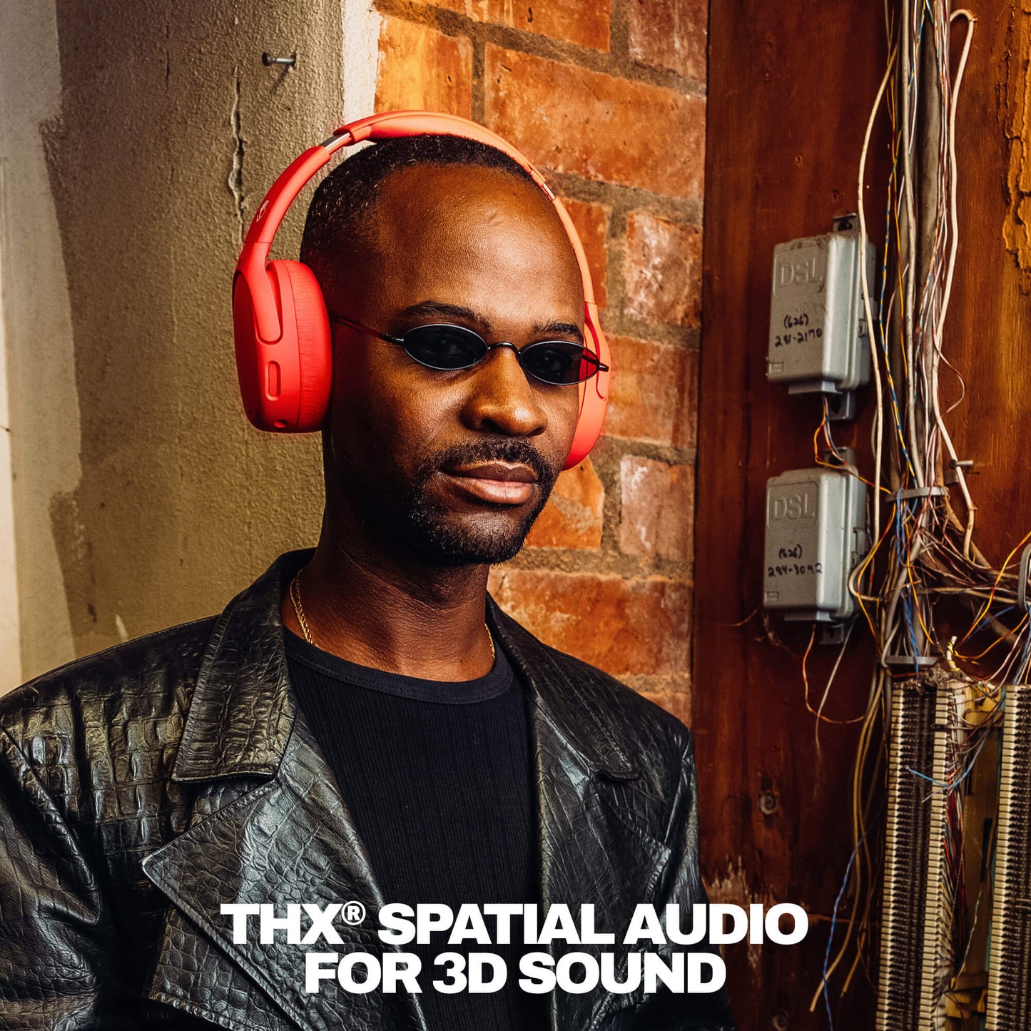 Man wearing red Crusher 720 headphones and sunglasses with 'THX Spatial Audio' branding against a brick wall. | Plasma
