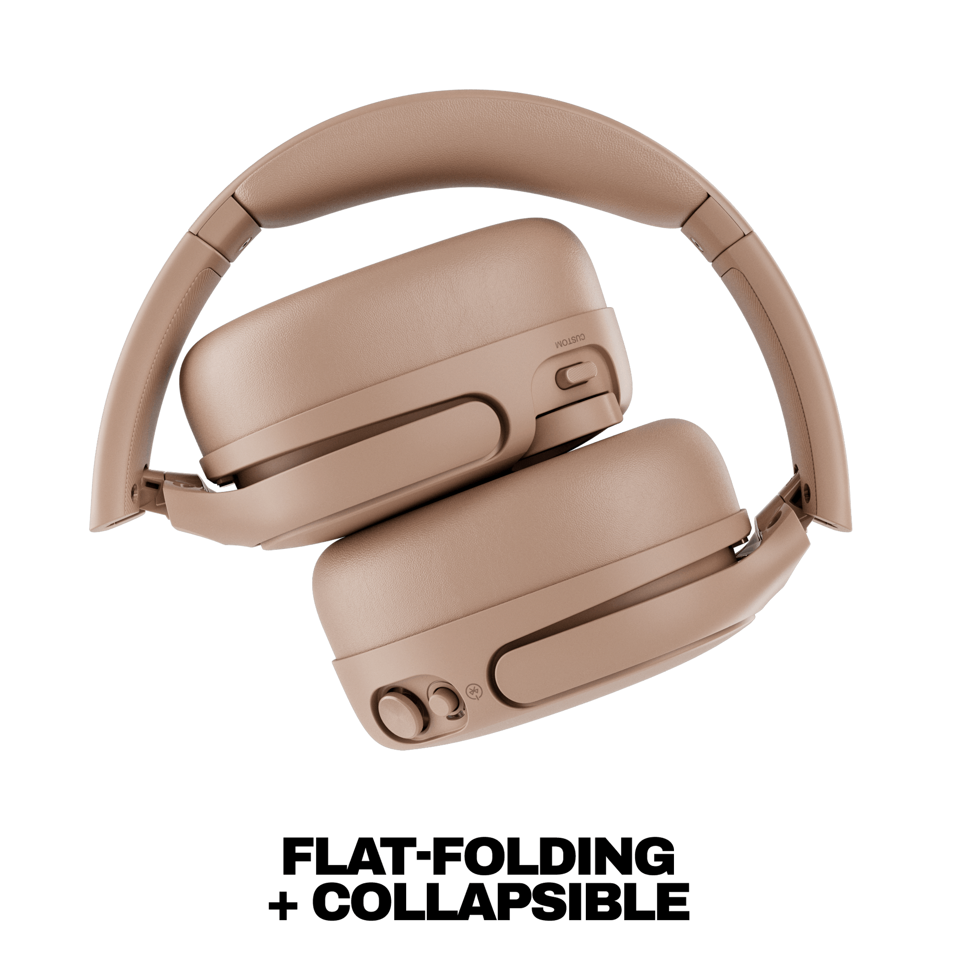 Beige, or Primer color, Crusher 720 over-ear headphones shown on a white background with the text 'FLAT-FOLDING + COLLAPSIBLE' below. | Primer